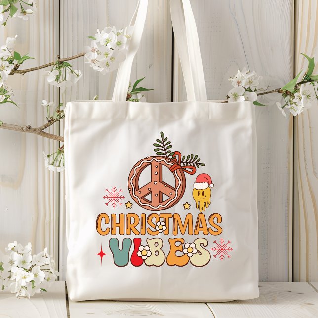 Groovy Retro Christmas Vibes Peace Sign Tragetasche (Von Creator hochgeladen)
