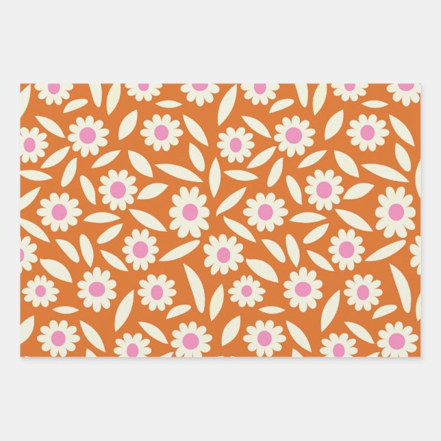 Groovy Retro Daisies Blume Muster auf orange Geschenkpapier Set (Vorderseite)