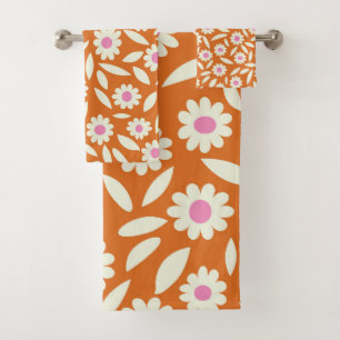 Groovy Retro Daisies Blumenmuster auf Orange Badhandtuch Set