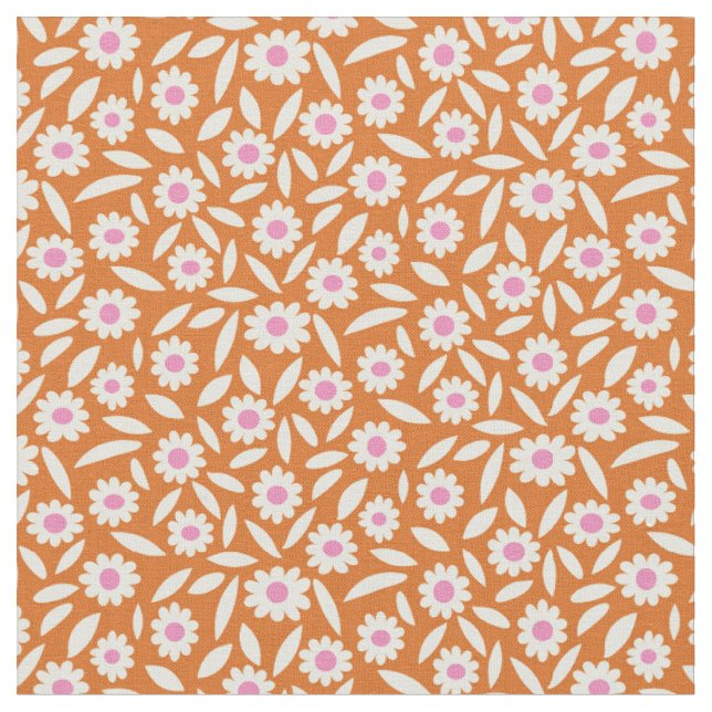 Groovy Retro Daisies Blumenmuster auf Orange Stoff (Nahaufnahme)