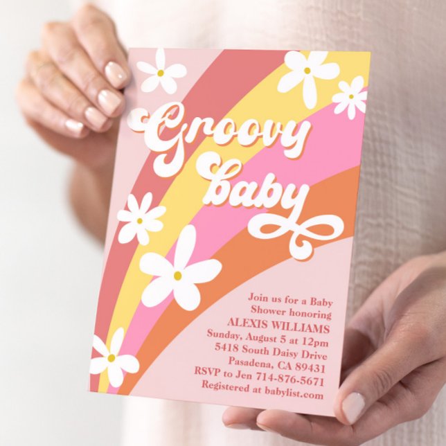Groovy Retro Daisies Rainbow Baby Shower Einladung (Von Creator hochgeladen)