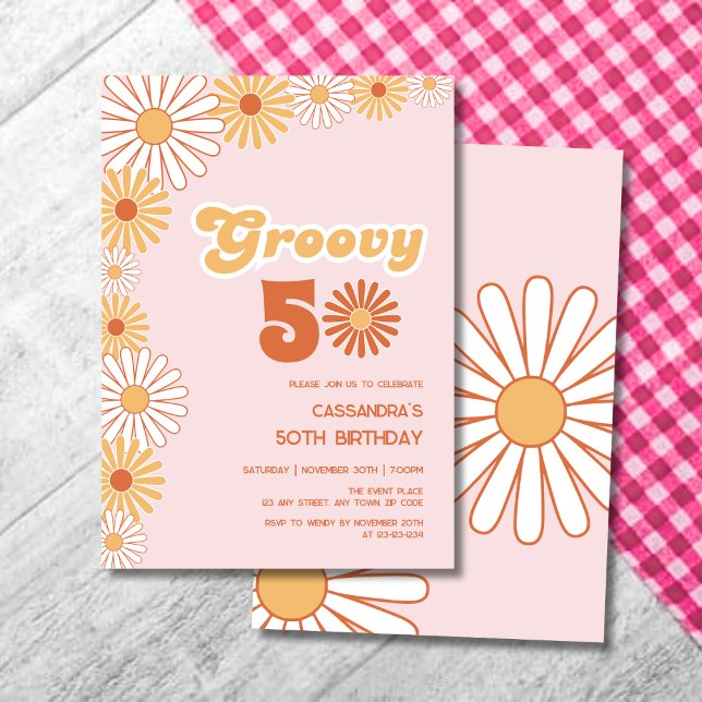 Groovy Retro Daisy Boho Orange Pink Birthday Einladung (Von Creator hochgeladen)