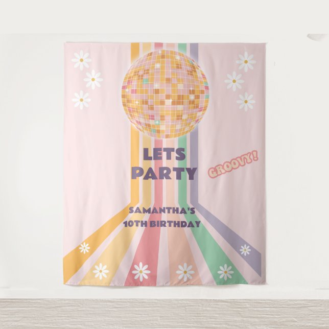 Groovy Retro Daisy Disco Geburtstagsgrössen Wandteppich (Vorderseite)