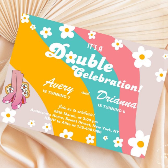 Groovy Retro Daisy Gemeinsamer Geburtstag Einladung (double celebration invite, joint birthday invite, twin birthday party, retro birthday invite, daisy )