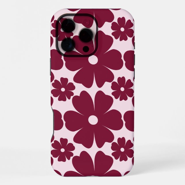 Groovy Retro Daisy Pattern Deep Berry Pink iPhone Hülle (Rückseite)