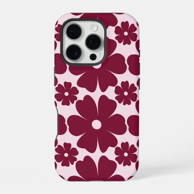 Groovy Retro Daisy Pattern Deep Berry Pink iPhone Hülle (Rückseite)