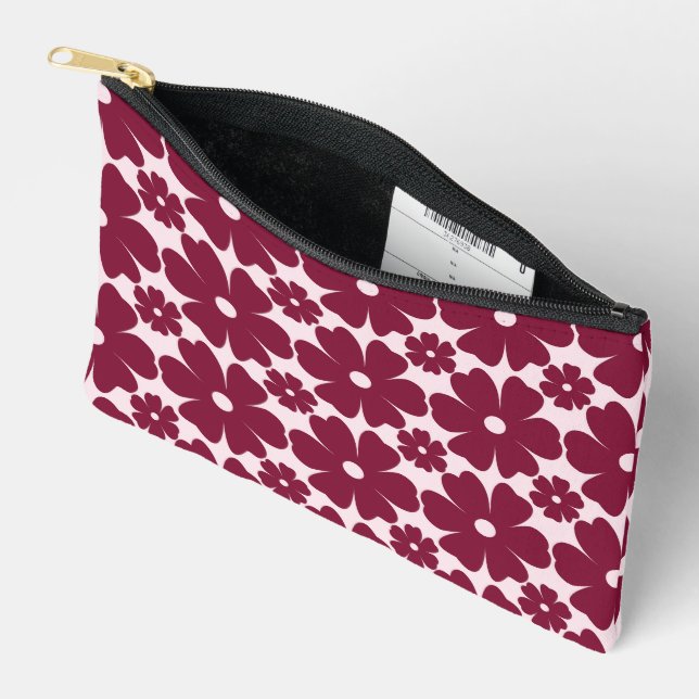 Groovy Retro Daisy Pattern Deep Berry Pink Zubehörtasche (Offen)