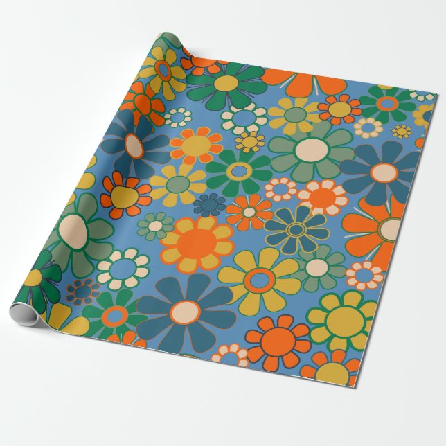 Groovy Retro Farbiger 60er 70er Floral Pattern Geschenkpapier (Ungerollt)