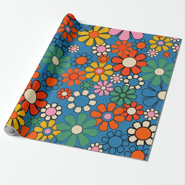 Groovy Retro Farbiger 60er 70er Floral Pattern Geschenkpapier (Ungerollt)