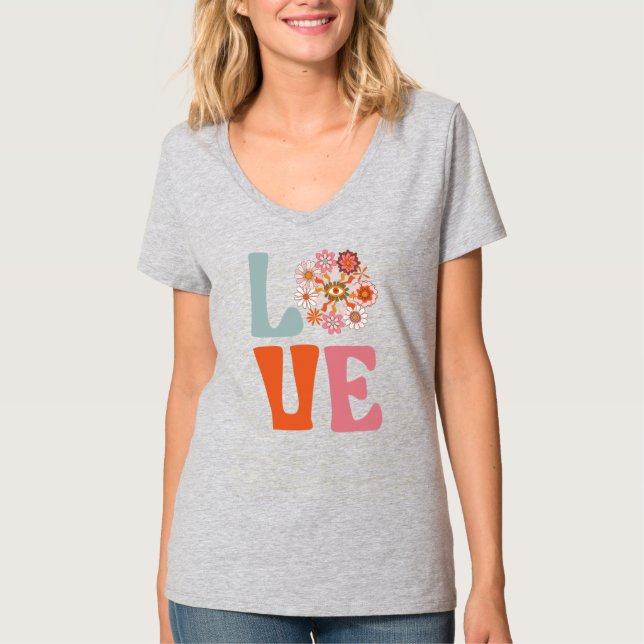 Groovy Retro Floral Cosmic Daisy LIEBE T-Shirt (Vorderseite)