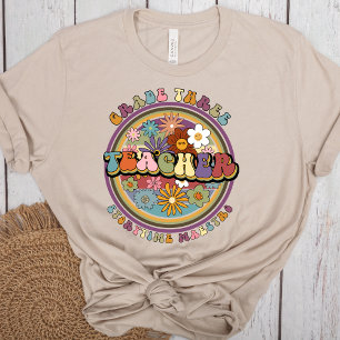 Groovy Retro Floral Daisy Grade Drei Lehrernamen T-Shirt