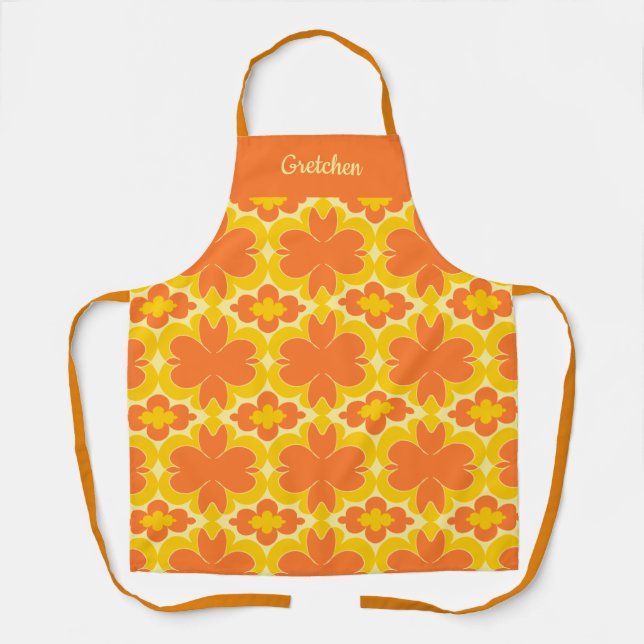 Groovy Retro Floral in orangefarbenem Gelb Design Schürze (Vorderseite)