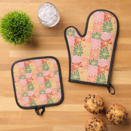Groovy Retro Floral Ofenhandschuh & Topflappen-Set