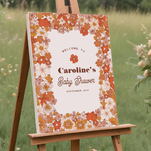 Groovy Retro Floral Pink Orange Babydusche Zeichen Poster