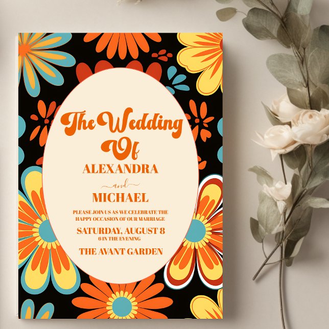 Groovy Retro Floral Wedding Einladung (Von Creator hochgeladen)