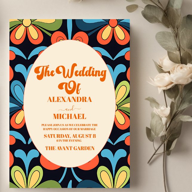 Groovy Retro Floral Wedding Einladung (Von Creator hochgeladen)