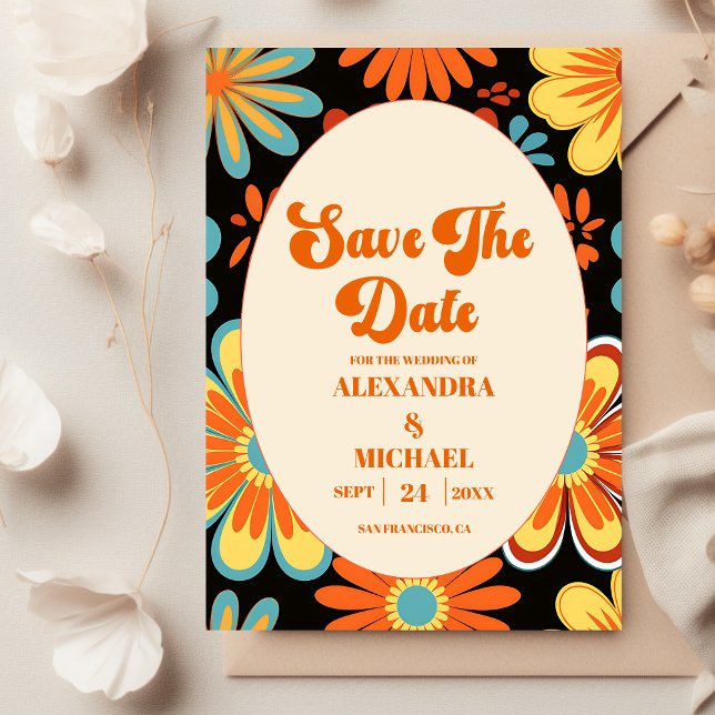 Groovy Retro Floral Wedding Save The Date (Von Creator hochgeladen)