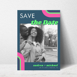 Groovy Retro Foto Save the Date - Aquamarin & Rege