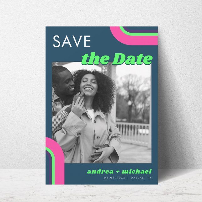 Groovy Retro Foto Save the Date - Aquamarin & Rege (Von Creator hochgeladen)