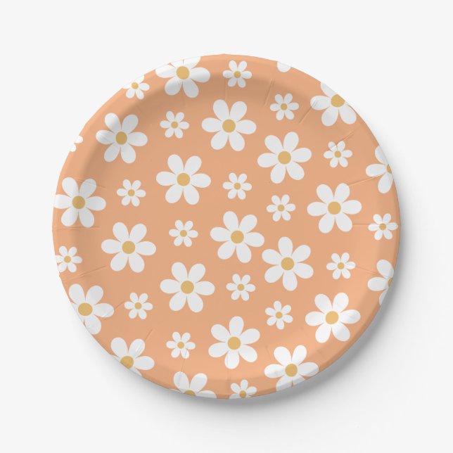 Groovy Retro Gänseblümchen Aprikot Papierplatten Pappteller (Vorderseite)