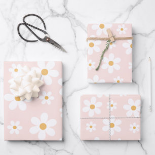 Groovy Retro Gänseblümchen Rosa Geschenkpapier Set