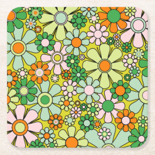 Groovy Retro Garden 60er 70er Spring Floral Patter Rechteckiger Pappuntersetzer