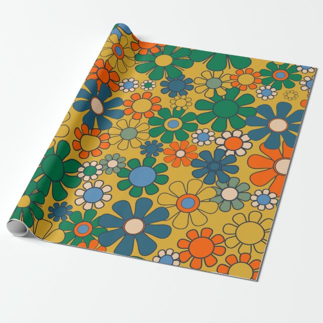 Groovy Retro Garden Blume 60er 70er Floral Pattern Geschenkpapier (Ungerollt)