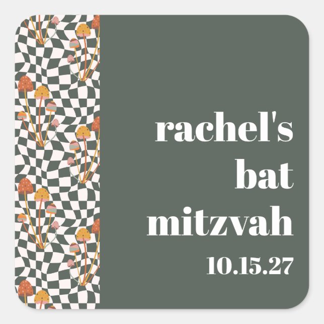 Groovy Retro Green Mushrooms Custom Bat Mitzvah Quadratischer Aufkleber (Vorderseite)