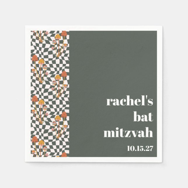 Groovy Retro Green Mushrooms Custom Bat Mitzvah Serviette (Vorderseite)