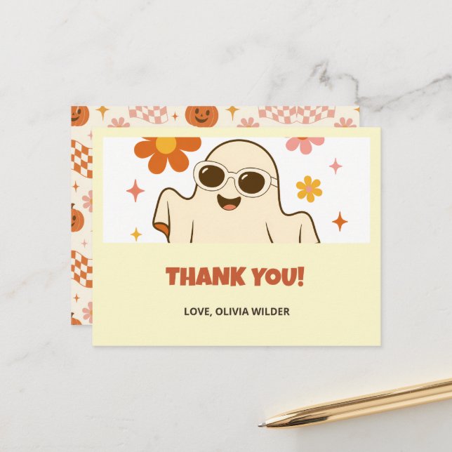 Groovy Retro Halloween-Geist Kinder Dankeskarten Postkarte (Vorderseite/Rückseite Beispiel)