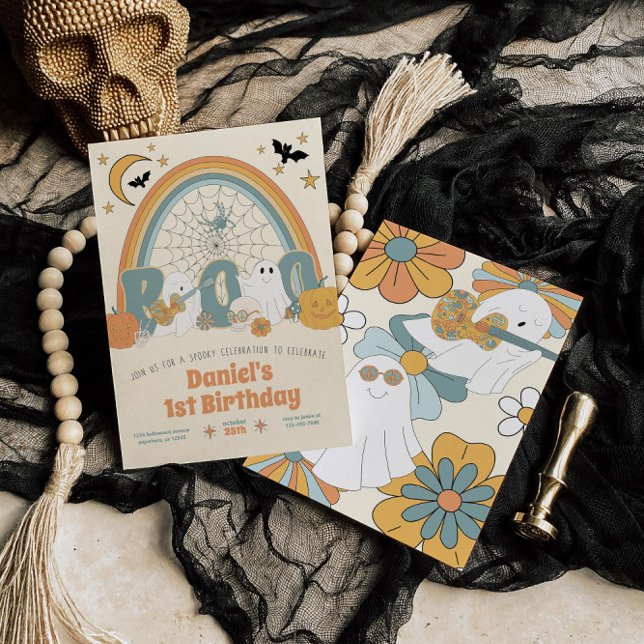 Groovy Retro Halloween Ghost Boy's Geburtstag Einladung (Von Creator hochgeladen)