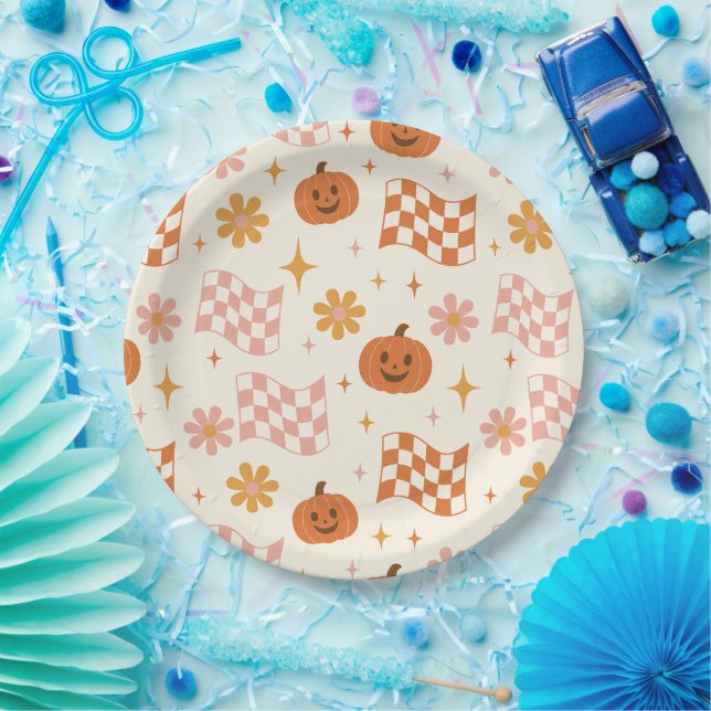 Groovy Retro Halloween Schachbrettmuster Papier Te Pappteller (Party)