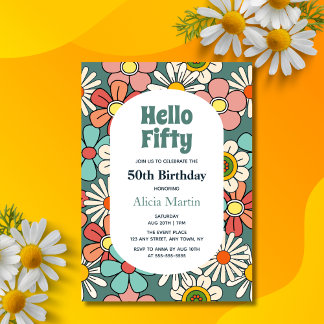 Groovy Retro Hippie Blume Hallo Fünfzig Geburtstag Einladung