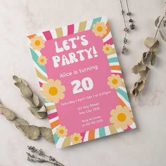 Groovy Retro Hippie Daisy Pink 20. Geburtstag Einladung