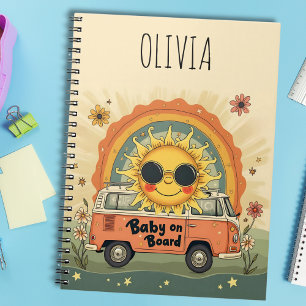 Groovy Retro lächelndes Baby Sonne, Peace & Love V Notizblock