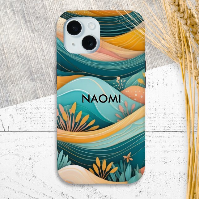 Groovy Retro Landschaft Personalisiert Case-Mate iPhone Hülle (A stylish personalized phone case, with illustration of rolling hills in a retro groovy style)