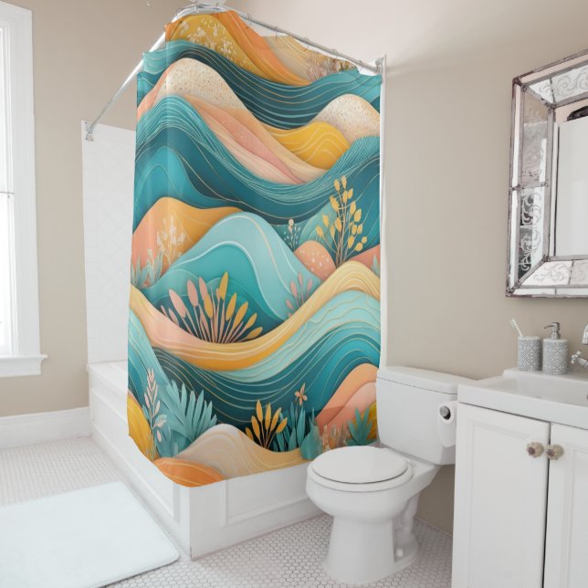 Groovy Retro Landschaft Stilvoll Cool Duschvorhang (Beispiel)
