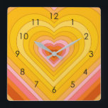 Groovy Retro Layered Heart     Quadratische Wanduhr<br><div class="desc">Retro-Herz-Burst-Design. Herzschichten in Orange,  Gelb,  Rosa. Groovy Retro Herzgeschenke,  Wohngestaltung.</div>