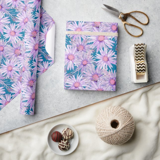 Groovy Retro Lila Daisy Pattern Geschenkpapier (Kunsthandwerk)