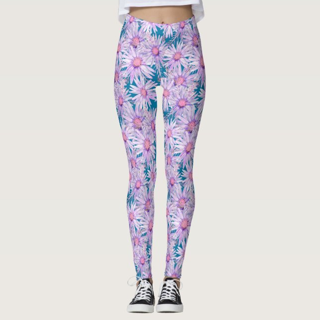 Groovy Retro Lila Daisy Pattern Leggings (Vorderseite)