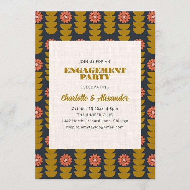 Groovy Retro Navy Blue Botanical Engagement Party  Einladung (Vorderseite)