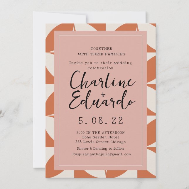 Groovy Retro Orange Beige Handwritting Wedding Einladung (Vorderseite)