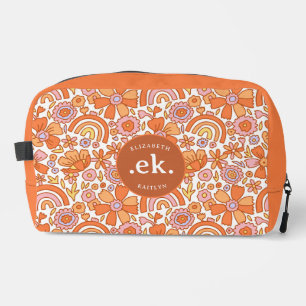 Groovy Retro Orange Blumenmonogramm Waschbeutel