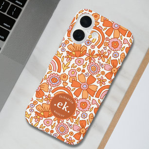 Groovy Retro Orange Blumige Monogramm iPhone 16 Hülle