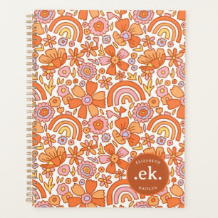 Groovy Retro Orange Florale Monogramm Planer
