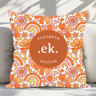 Groovy Retro Orange Florales Monogramm Kissen
