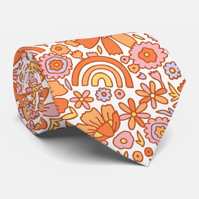 Groovy Retro Orange Florals Krawatte (Gerollt)