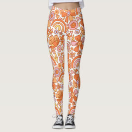 Groovy Retro Orange Florals Leggings