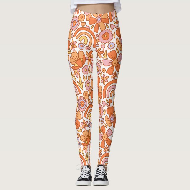 Groovy Retro Orange Florals Leggings (Vorderseite)