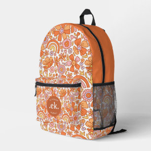 Groovy Retro Orange Florals Monogram Bedruckter Rucksack